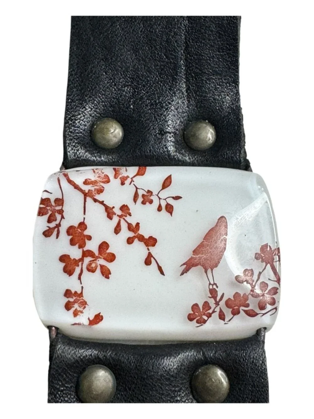 Leather Cuff Bracelet With Ceramic Bird & Floral Design Adjustable Snap Closure